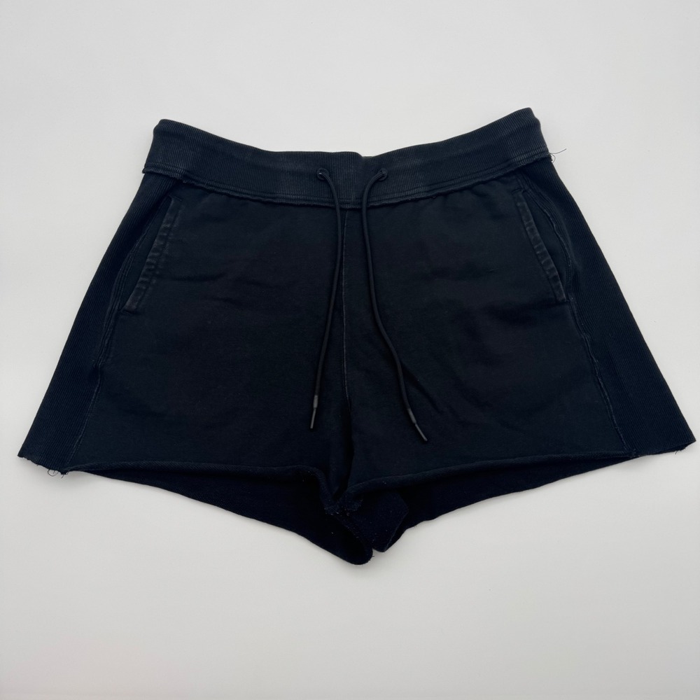 JoyLab Womens Black French Terry Drawstring Shorts Ribbed Trim Raw Hem Size M